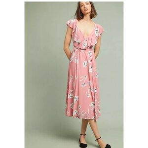 Anthropologie Yumi Kim Floral Wrap Ruffle Sleeve Open Back Midi Dress sz L